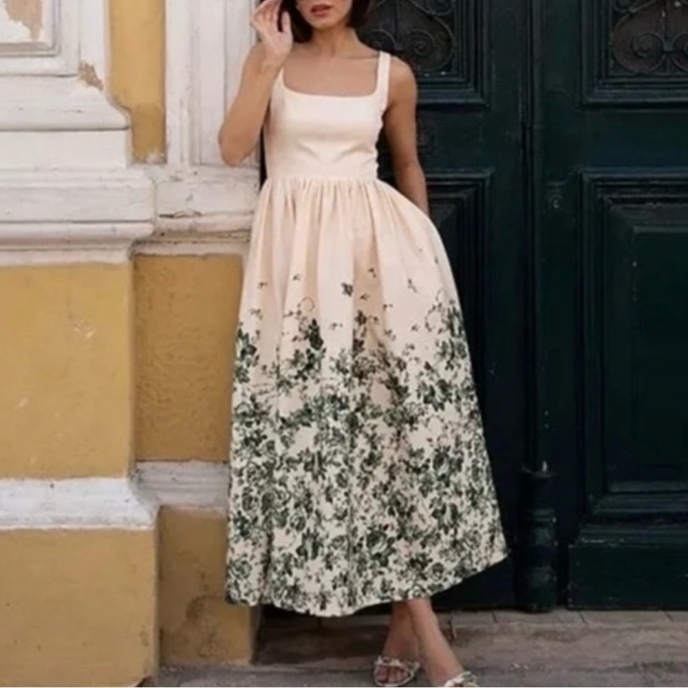 ANTONIO MELANI Cream and Green Floral Midi Dress